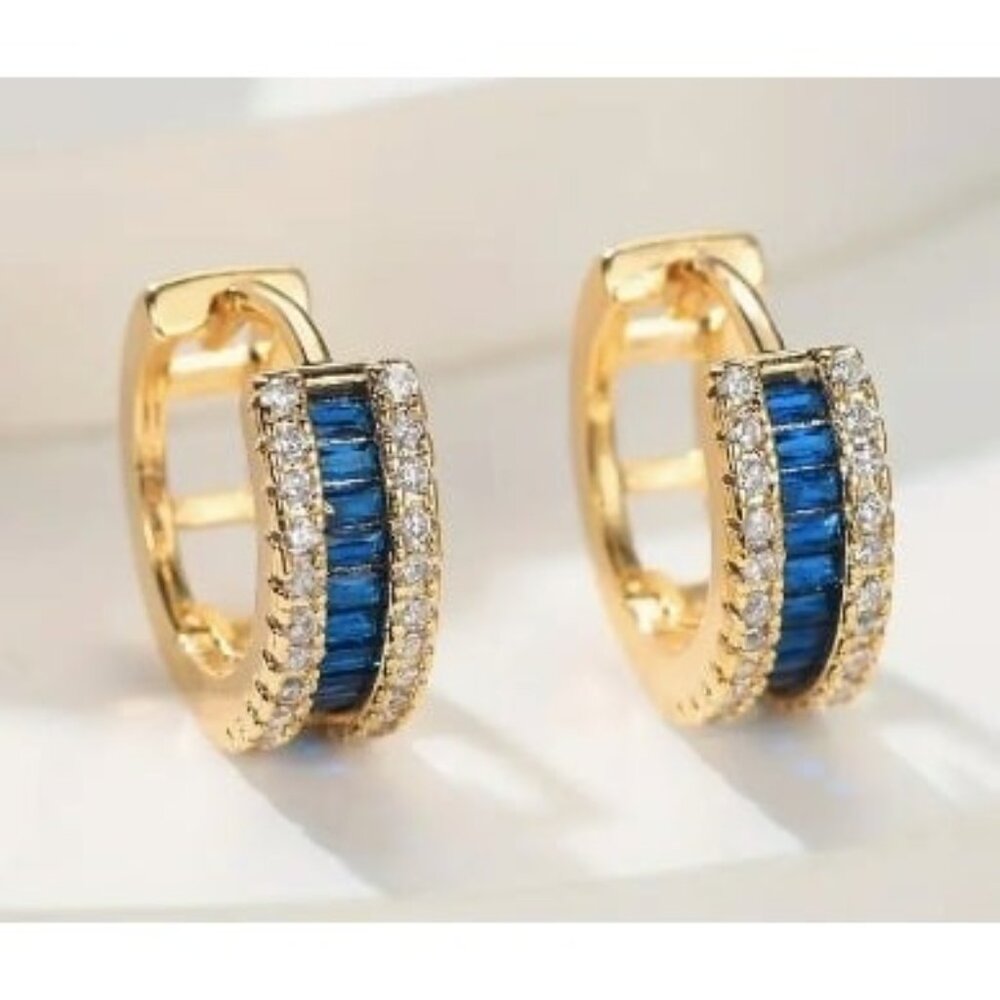 18k Gold Plated Sapphire Blue Simulated Diamond Huggie Earrings